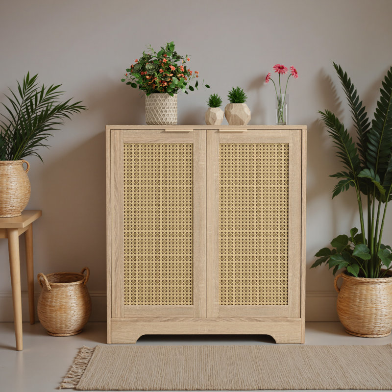 Buffet Buffet avec rangement en rotin et tablettes réglables, Beige, Ensemble de 1