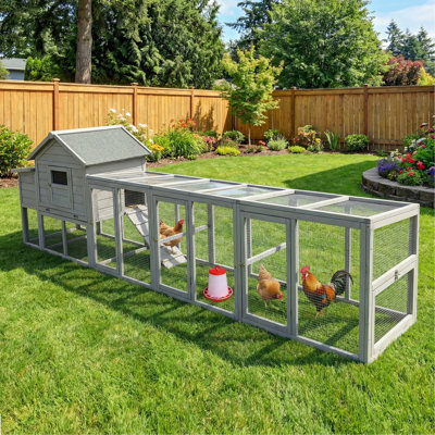 Grand poulailler en bois 141 ＂gris, poulailler d'extérieur avec nichoir, panneau imperméable et anti-UV, clôture grillagée, cage à volaille