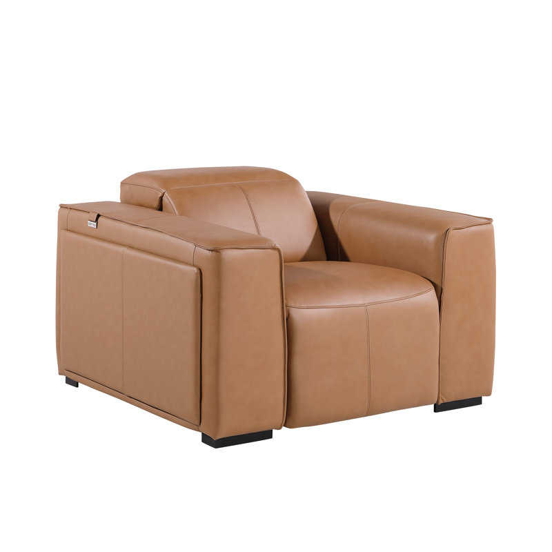 Top Grain Italian Leather Power Reclining Arm Chair with Power Headrests, Cognac Genuine Leather