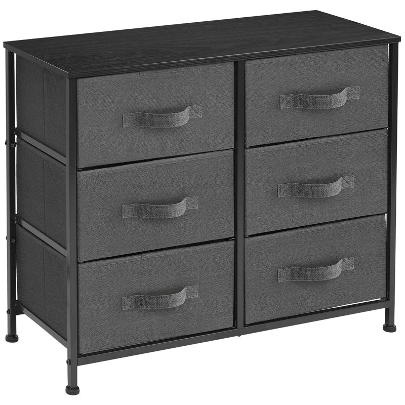  Commode 6 tiroirs Sorbus avec structure en acier, plateau en bois, bacs en tissu, Noir