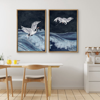 «Cranes jouer sur l'océan bleu», ensemble d'art mural sur toile encadré 2