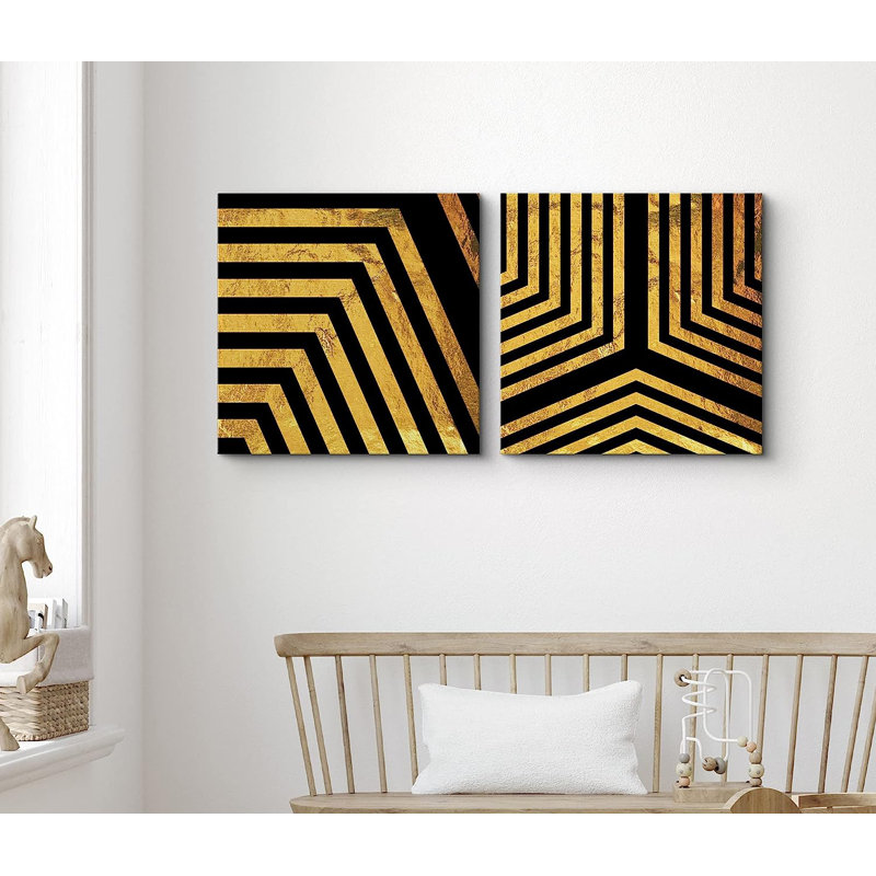 Motif géométrique inversé noir et doré en forme de Y sur toile, 2 pièces, H 12 po x l 24 po x P 1,5 po