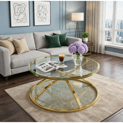 2 Tiers Modern Glass Coffee Table With Ring-Shaped Frames And Tempered Glass For Living Room, Bedroom And Office