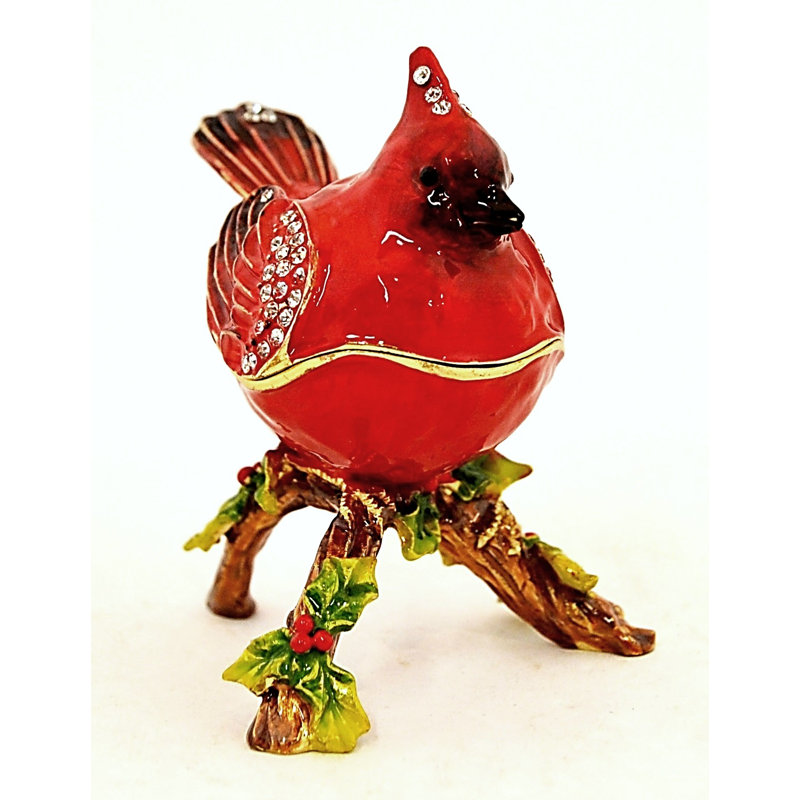 Cardinal Bird on Branch Trinket Box. Hand Crafted with Austrian Crystals