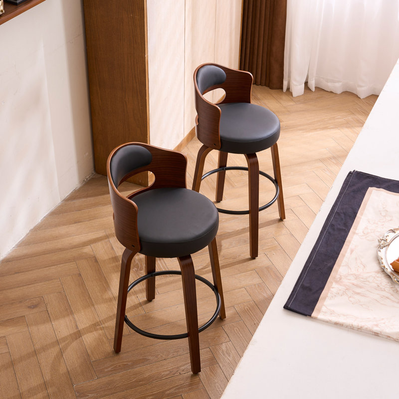 Ensemble de 2 tabourets de bar, chaises de bar pivotantes en bois modernes avec siège rembourré, revêtement en similicuir facile à nettoyer, îlot de cuisine robuste et tabourets de bar à domicile, assemblage facile, noir