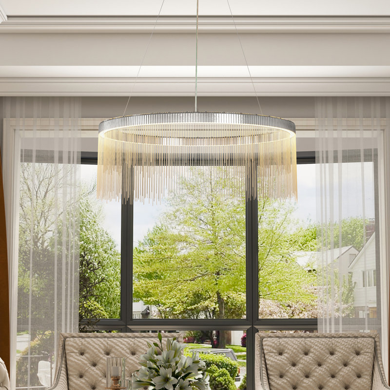 Aluminum Tassel Linear Chandelier Modern Round Ceiling Pendant Lighting Fixture, 10.63"H x 31.5"W x 31.5"D