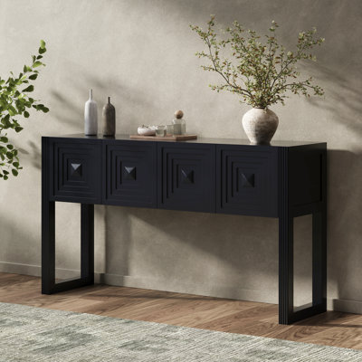 Console géométrique sculptée de 55 po de largeur avec tiroirs, table d'entrée avec 3 tiroirs à fermeture en douceur et pieds cannelés, canapé moderne en bois de pin pour salon, vestibule