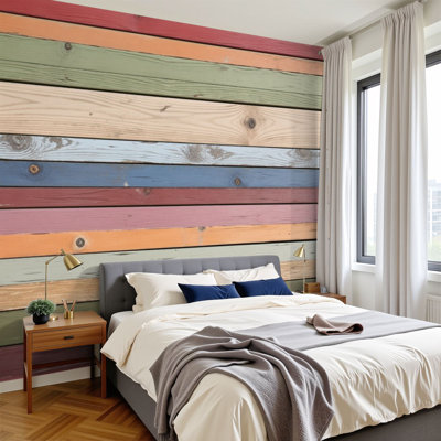 Panneau mural auto-adhésif moderne pour planches de bois peintes et colorées L 96 po x l 69 po Peel and Stick