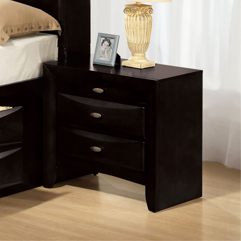 Table de chevet simple en bois massif avec poignées 2 tiroirs, Noir