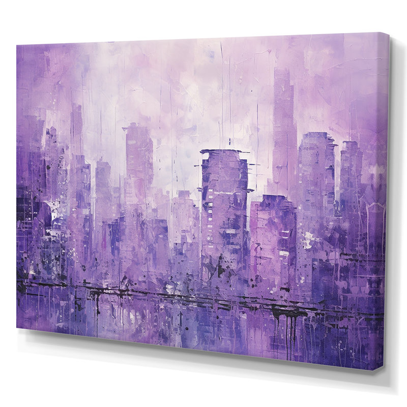 «Violet Cityscape High Rise Skycraper I», reproduction sur toile, H 16 po x l 32 po x P 1 po, Toile tendue