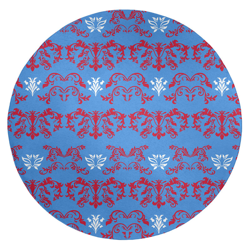 Tapis rond bleu damassé à motif baroque