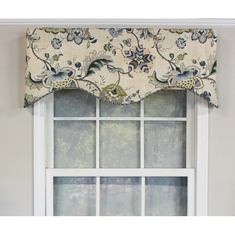 Cantonnière festonnée en coton floral l 50 po, Bleu / beige / brun