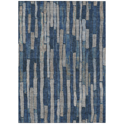 5' X 8' Navy Blue And Denim Blue Striped Washable Indoor Outdoor Area Rug