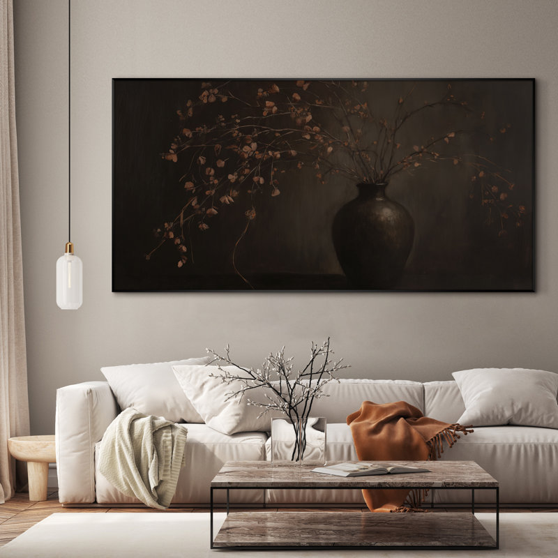 Très grand art mural imprimé sur toile - Nature morte botanique foncée avec vase brun et branches séchées, œuvre d'art pour le salon ou la chambre à coucher