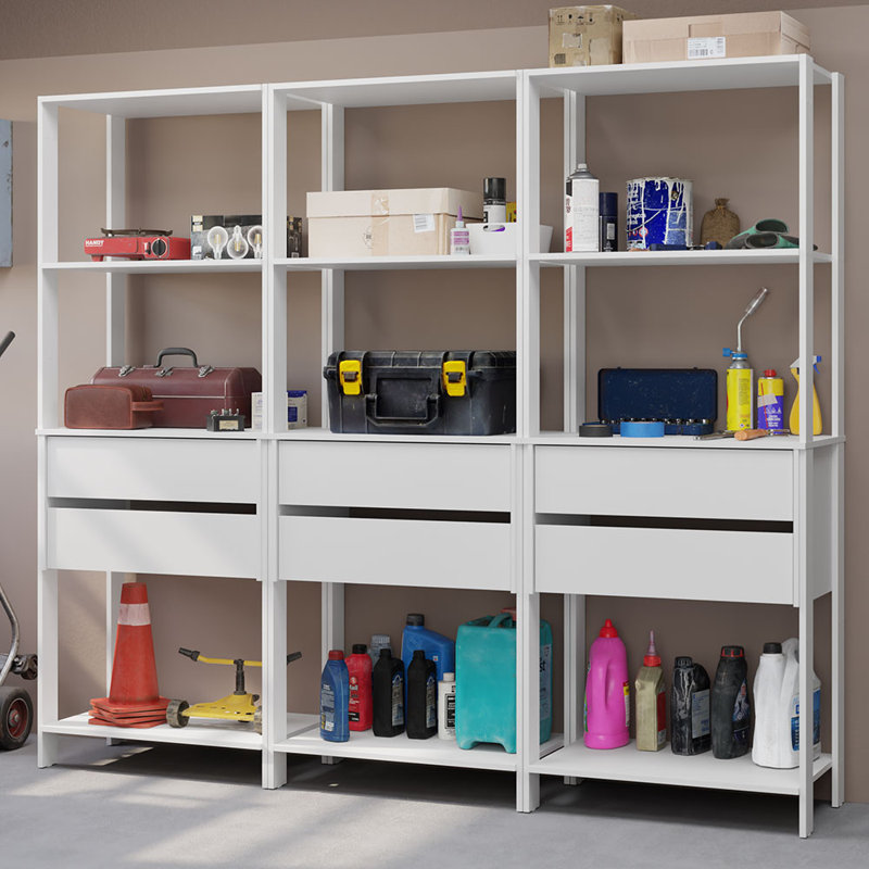  Étagère de rangement pour garage avec 6 tiroirs et tablettes ouvertes L 82 po, Blanc