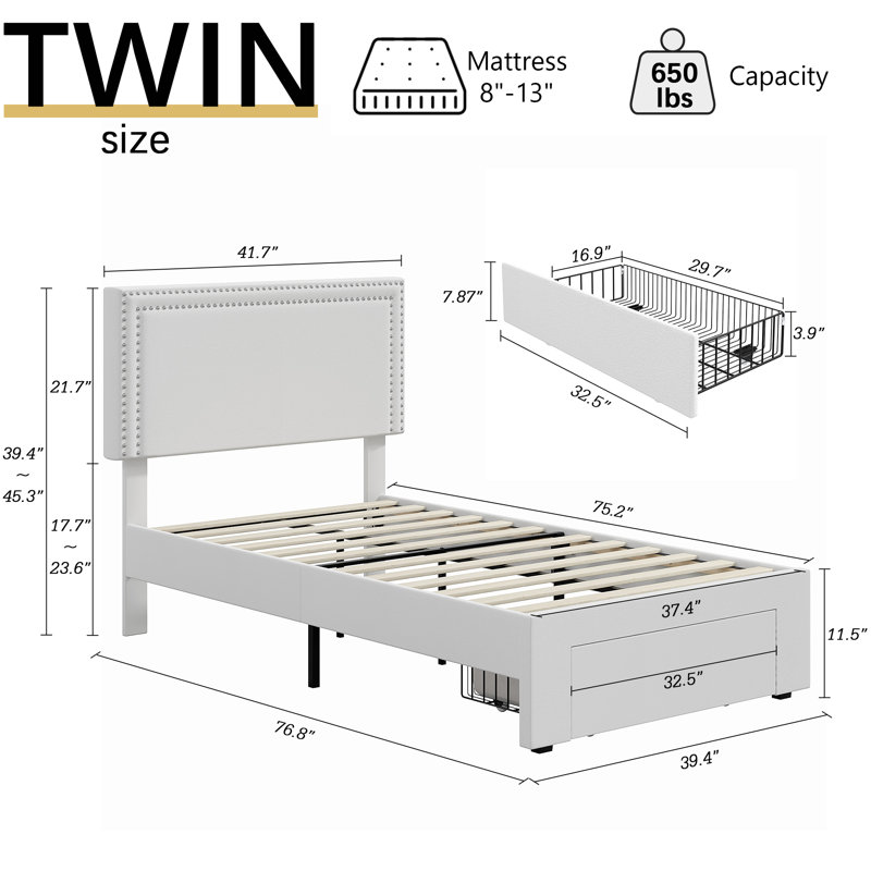 Set Of 2 Twin Size Storage Beds With Adjustable Upholstered Nailhead Trim Headboards And Storage Drawers, Wood Platform Bed Frames