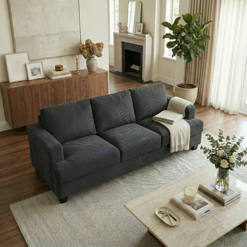 89'' Upholstered Sofa, Modern 3 Seater Corduroy Couch With Square Armrests, Dark Gray