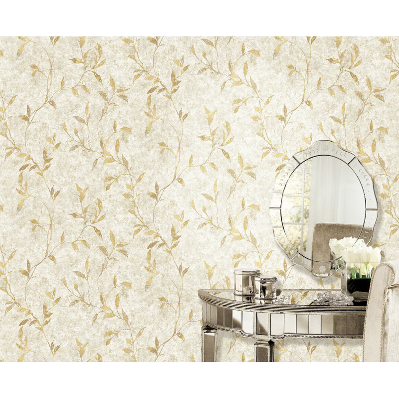 Elegance Collection Leaf Impression Metallic Finish Wallpaper Roll, Beige