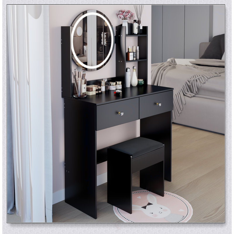 Ensemble de coiffeuse à miroir rond 17 pouces à DEL avec tabouret à coussin souple, luminosité réglable et rangement multicouche pour les petits espaces