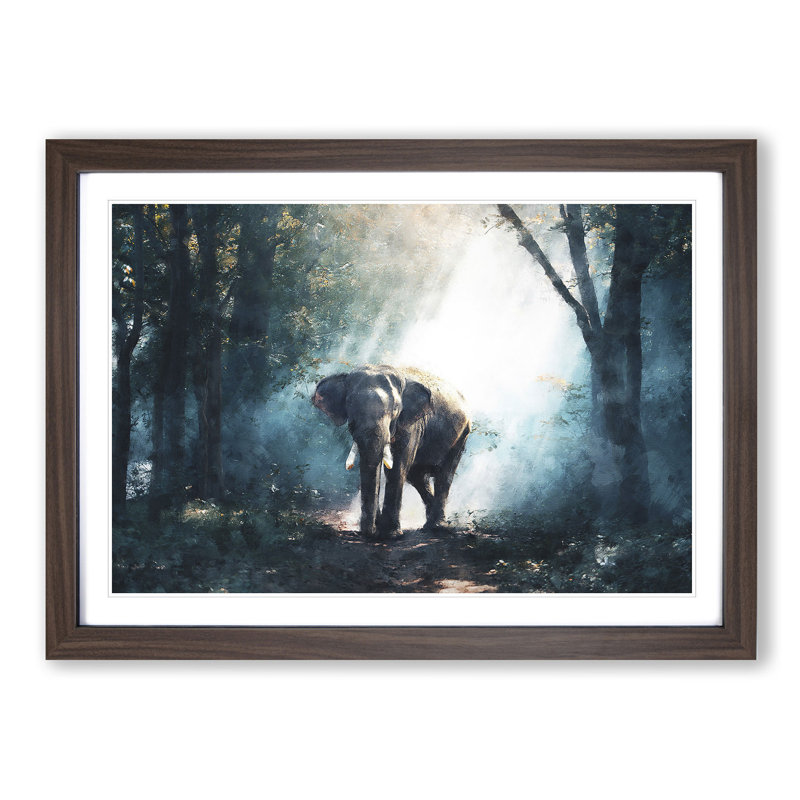 Elephant Roaming in a Green Forest - Picture Frame Graphic Art Print, Walnut Framed, 24cm H x 33cm W x 2cm D