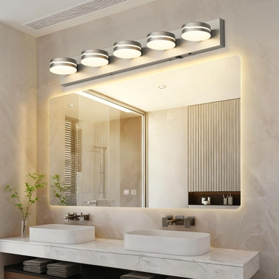 32" 5-Light Nickel Dimmable LED Vanity Light with Motion Sensor, 3-Color Temperature Selectable & Acrylic Lampshade for Bathroom