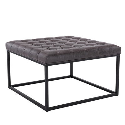 28" Square Ottoman, Tufted Footstool For Living Room, Upholstered Coffee Table With Metal Frame, Faux Leather, Dark