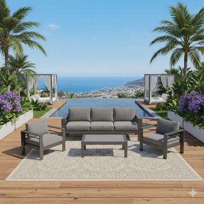 4-Piece Modern Aluminum Patio Conversation Set,  5-Seat Outdoor Sofa With  Thick Dark Grey Cushions & Grey Frame And Coffee Table