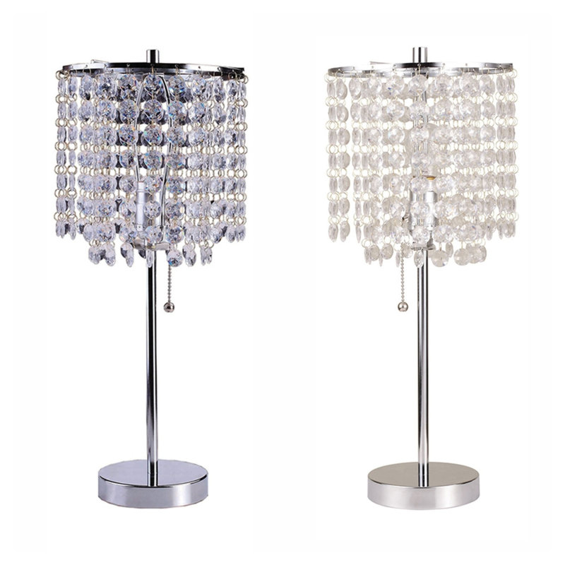 Lampe de table 20,25 po en métal argenté avec abat-jour en cristal et interrupteur à tirette