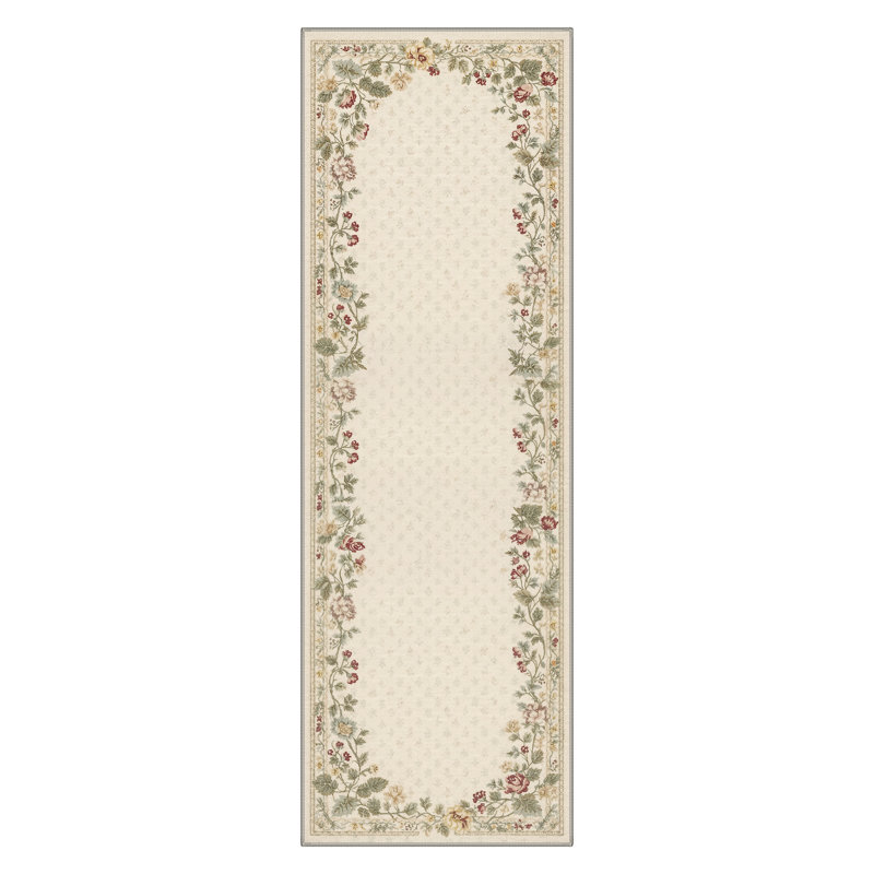 Floral Machine Washable Beige/Light Green/Ivory Indoor Area Rug With Non-Slip Backing, Runner 2'6" x 8'