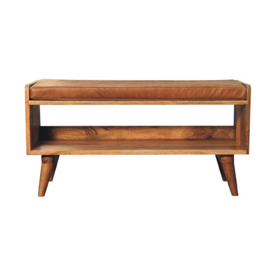Gracie Mills 35-Inch Tan and Brown Genuine Leather and Solid Wood Upholstered Storage Bench with Shoe Storage
