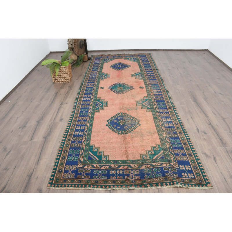 5.6x13.5 In Blue Wool Boho Rug, Geometric Pattern Large Rug