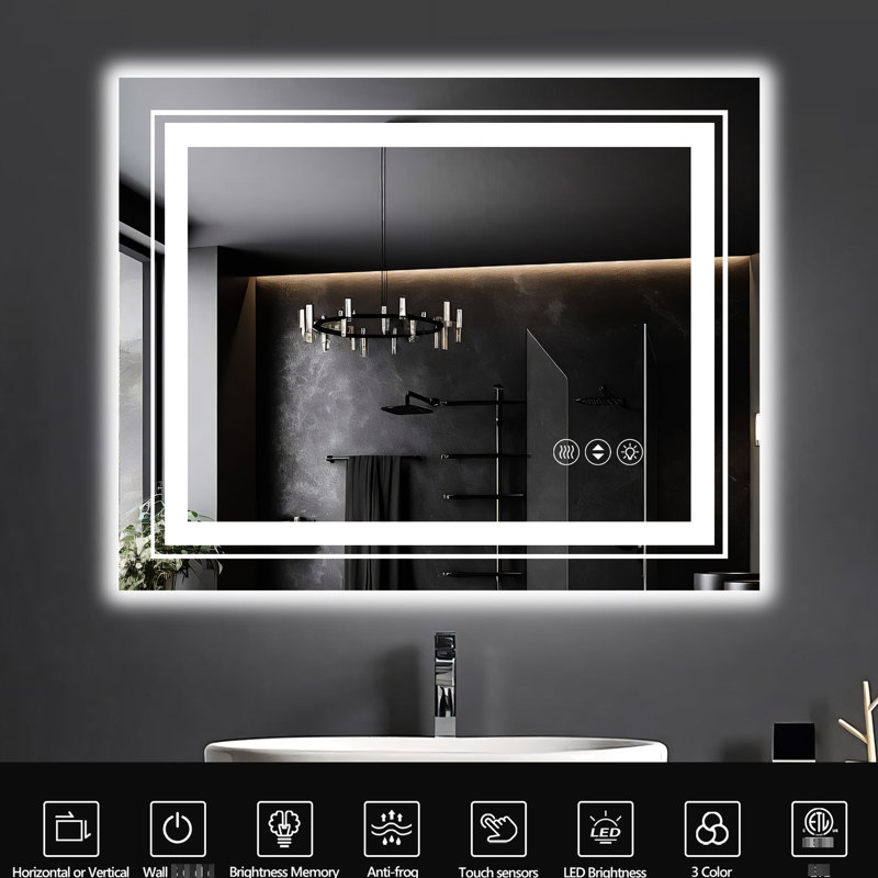 Miroir à DEL intelligent 24 po x 32 po dans la salle de bain, appui long pour régler la luminosité, changement de couleur court, brouillard avec arrêt d'énergie 1 heure, miroir de salle de bain Ul, plage de luminosité à intensité variable de 10% à 100%, 3 couleurs