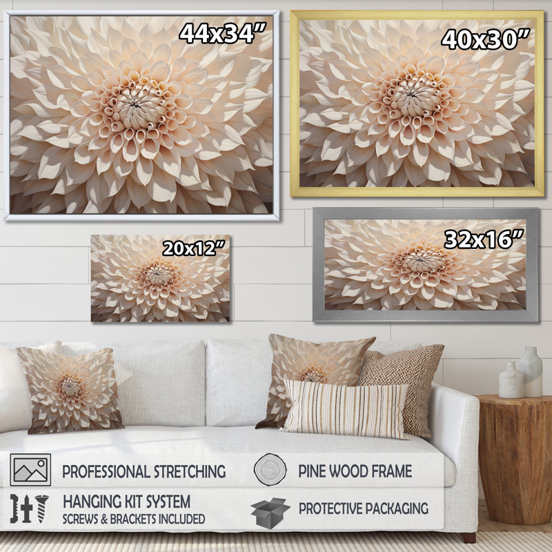 Minimalisme beige Dahlia II sur toile, H 34 po x l 44 po x P 1,5 po, Cadre doré simple