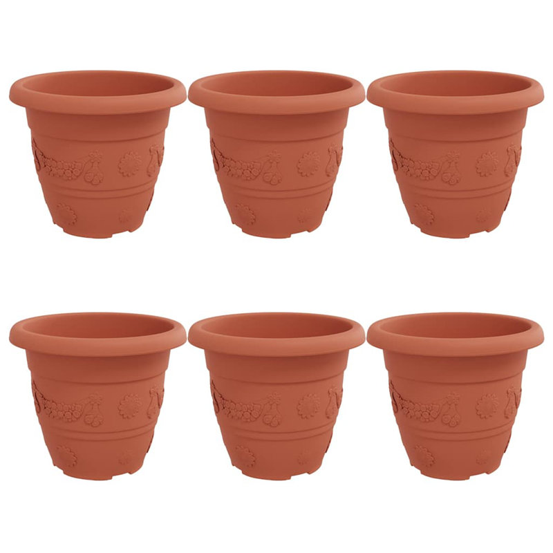 Round Flower Pot 6 Pcs Plastic, 21.5cm H x 26cm W x 26cm D, Brick Red