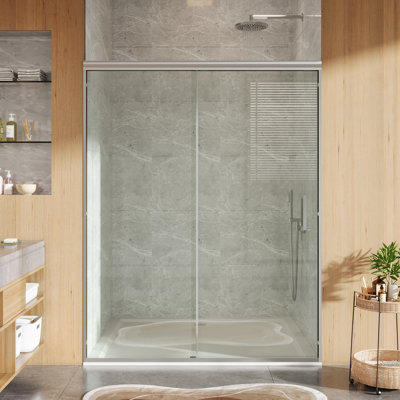 Porte de douche coulissante semi-sans cadre pour douche à l'italienne, l 56-60 "x H 72" - Verre trempé clair de 6 mm (1/4 ") - Revêtement facile à nettoyer - Installation réversible, argent brossé, 72 * 60"