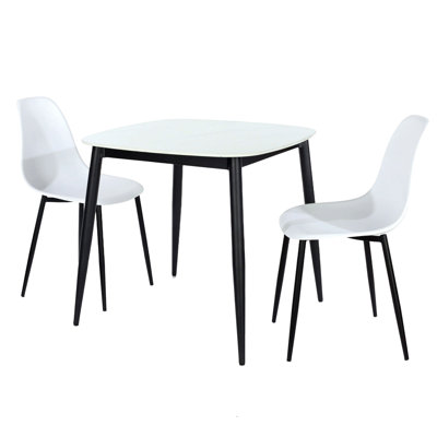 Aspen Gloss White Sintered Stone Square Table with 2 Curve Plastic Chairs - Modern Dining Set