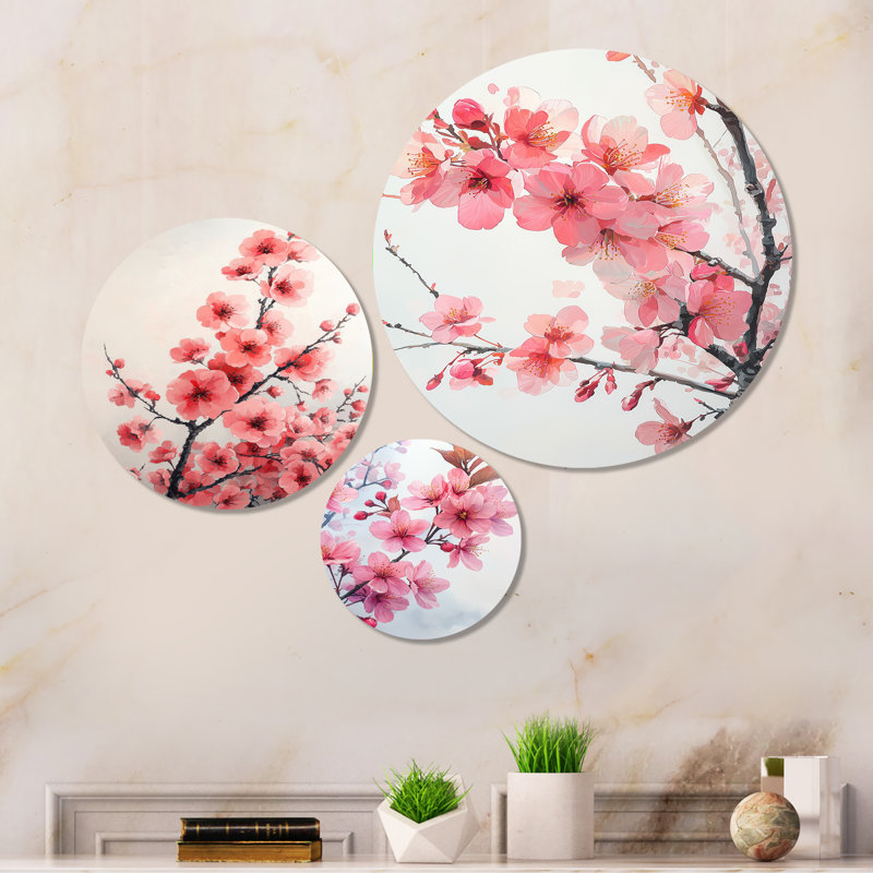 «Pink Cherry Blossoms Summer Embrace I», ensemble d'art mural en métal 3 fleurs de cerisier