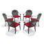 Ensemble de 6 chaises de jardin en aluminium moulé, structure noire et coussins rouges, design traditionnel avec motifs de pétales, revêtement haute température, assise large et épaisse confortable, empilables.
