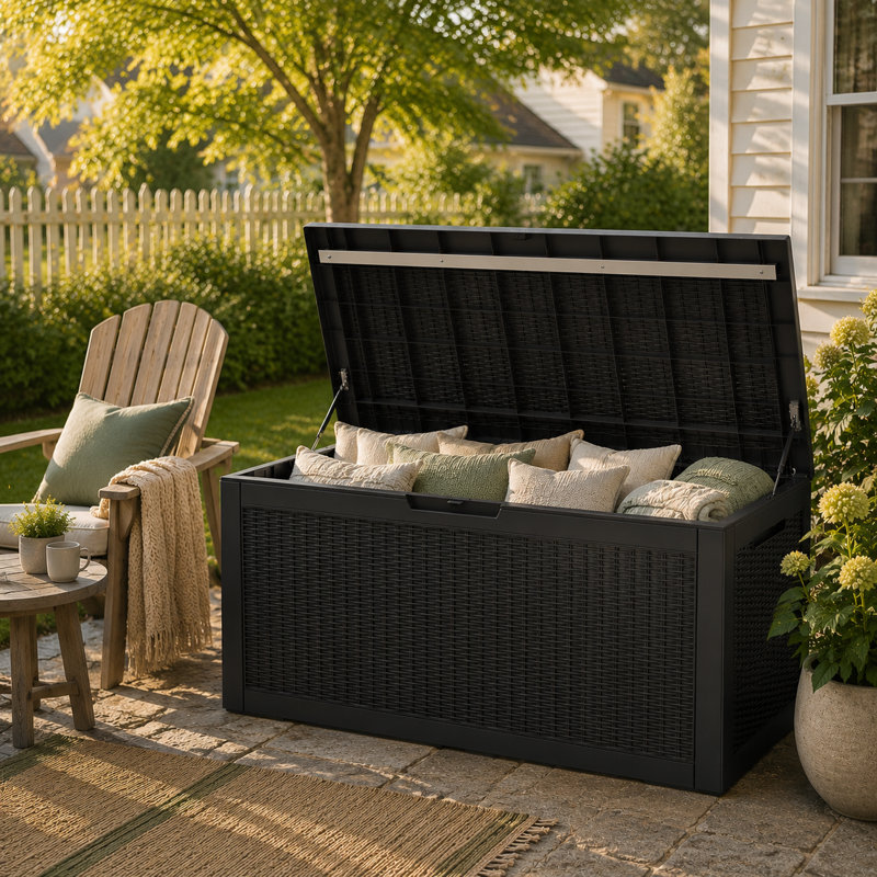 Coffre de jardin Emperic Design de 473 litres (125 gallons) en résine, contenant de rangement extérieur étanche et verrouillable avec couvercle à charnière
