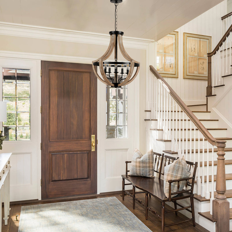  Farmhouse Wood Dimmable 5-Light Empire Chandelier With  Adjustable Height