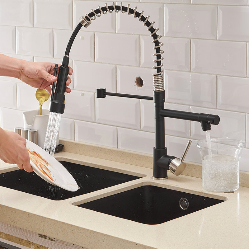 Robinet de cuisine avec bec rétractable, rotation à 360 degrés, deux réglages pour les cuisines modernes noir mat, contemporain