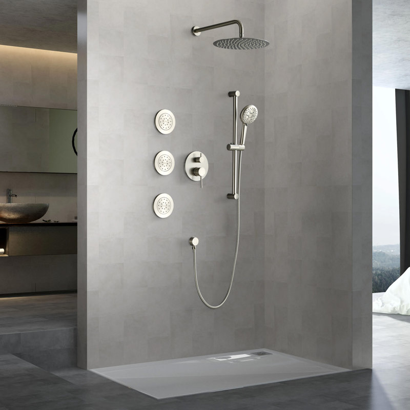12 Inch Slide Bar Shower System,round Shower Sets Complete Rain Shower Head And 3-spray Handheld Combo,wall Mounted