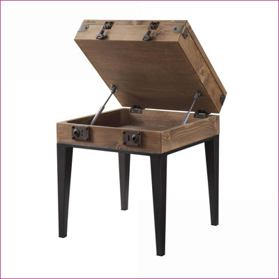 Table basse rustique en chêne et gris mat avec rangement de style coffre et pieds fuselés