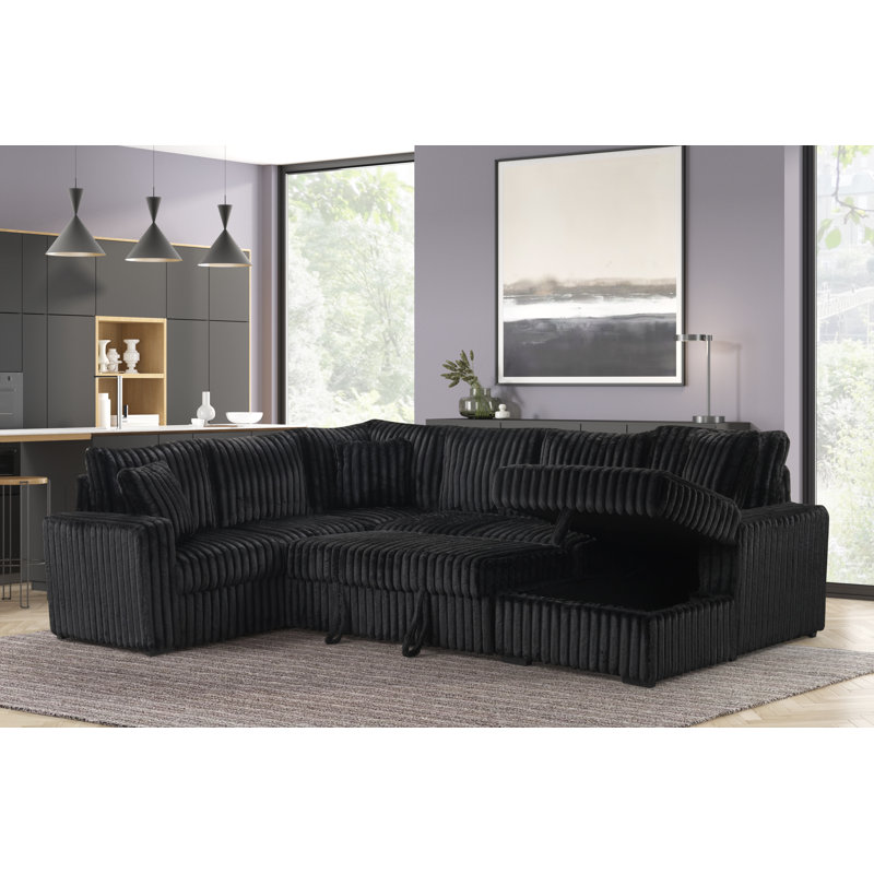 Canapé-lit modulaire en U escamotable avec méridienne de rangement pour le salon, Velours noir