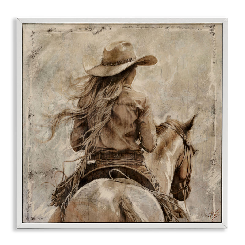 «Windblown Cowgirl on Horse», giclée à cheval, design par Marta Wiley, H 24 po x l 24 po, Encadrement giclée blanc côtier