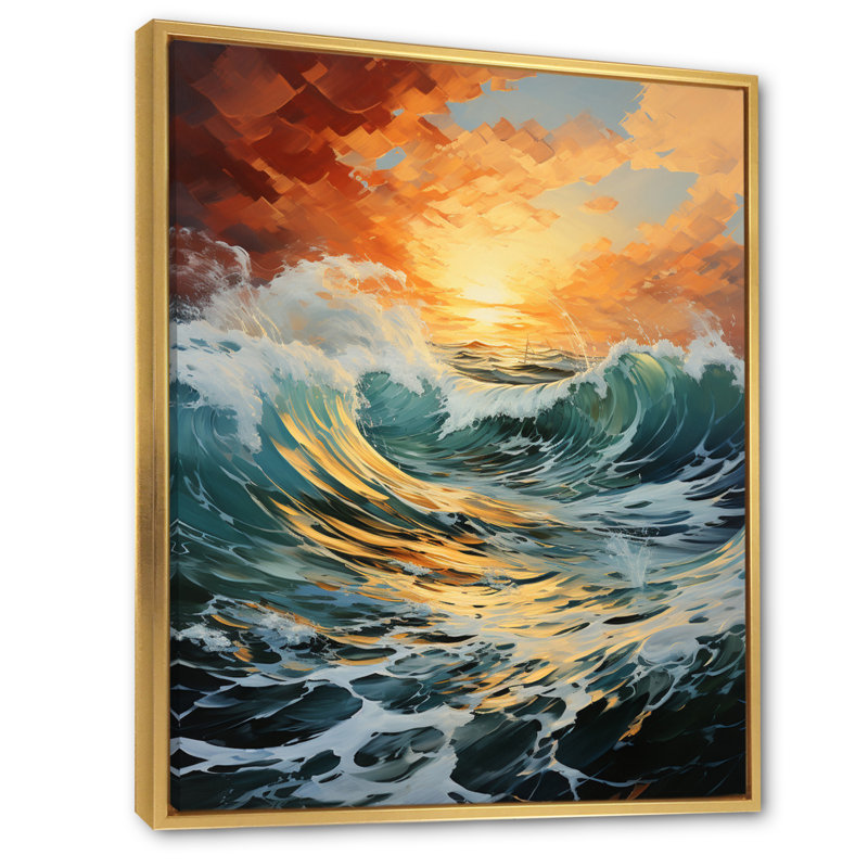Tempête côtière orange - bleu sarcelle - imprimé, H 40 po x l 30 po x P 1,5 po, Cadre flottant doré
