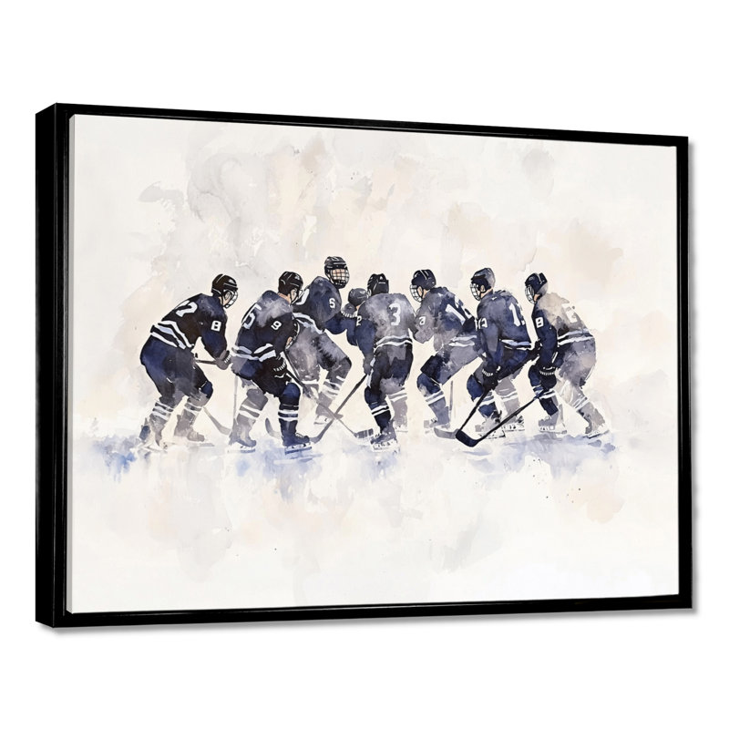 Équipe de hockey avant un jeu III, H 34 po x l 44 po, Impression dans un cadre flottant sans passe-parto, Noir