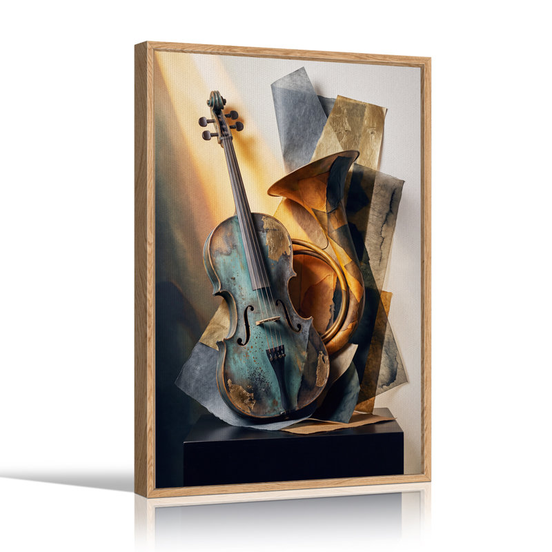 Toile abstraite sarcelle violon et cor français, H 48 po x l 36 po