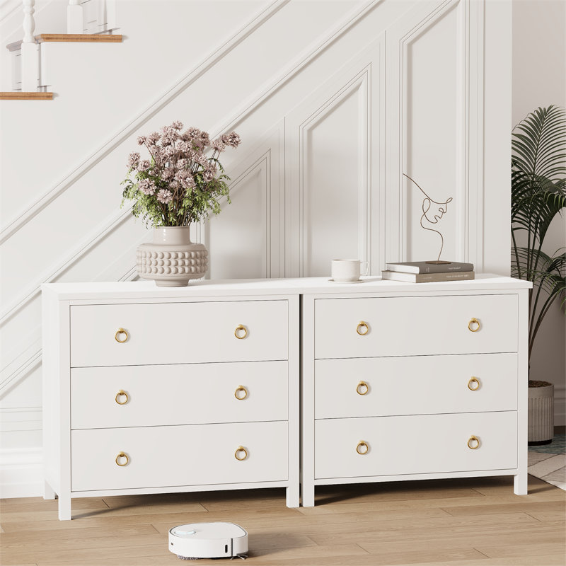 Commode 3 tiroirs moderne noire pour commode de chambre à coucher avec poignées dorées - Armoire de rangement spacieuse 29 po pour garde-robe, salon, couloir ou chambre de bébé - blanc