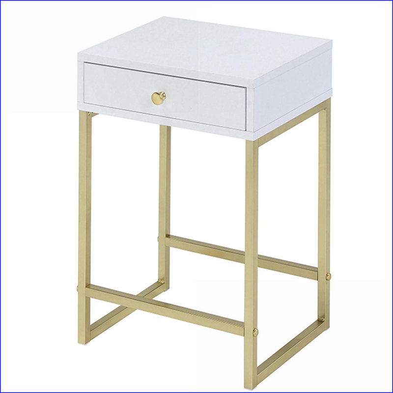 Table basse blanche et laiton avec tiroir, rangement compact pour le salon